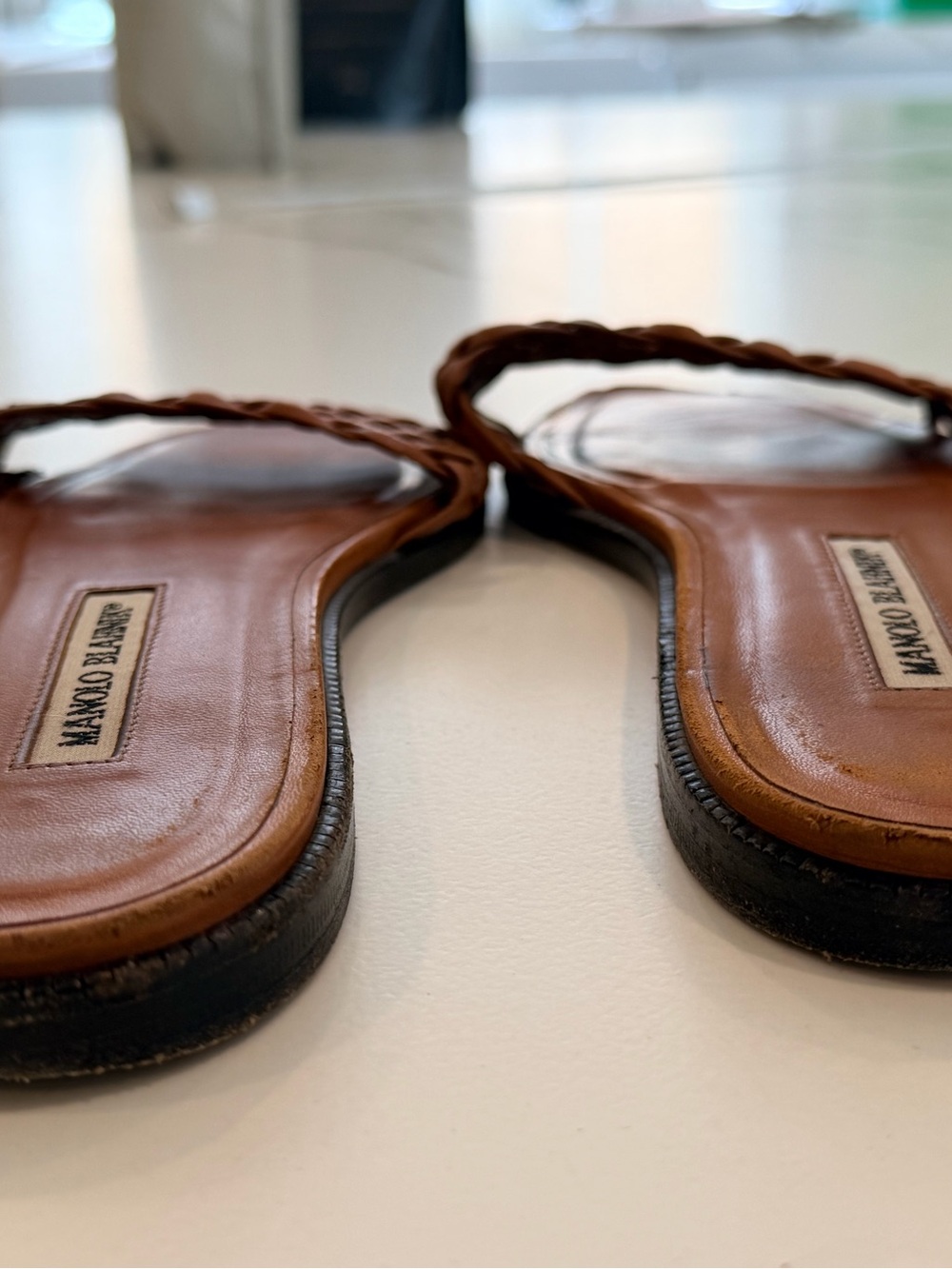 Manolo Blahnik Tan Woven Leather Slide - Picture 2 of 5